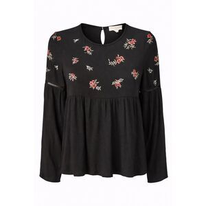Altar'd State Embroidered Floral Babydoll Blouse Black Boho Long Sleeve Size L